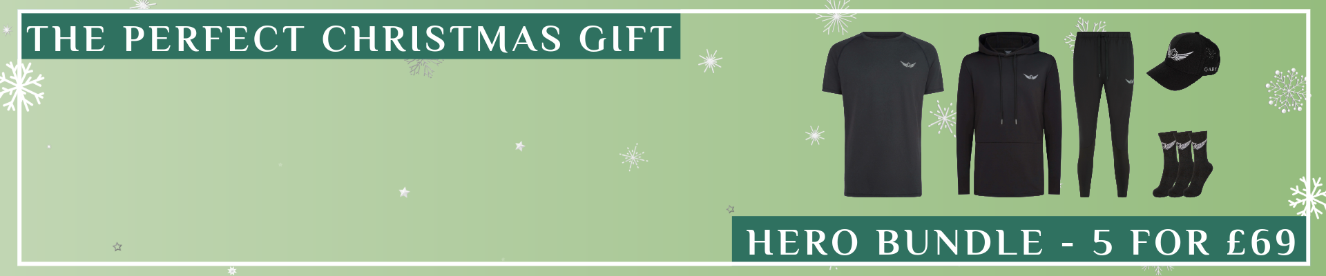 Promotional banner for a 'Hero Bundle' Christmas gift set with text and product images on a green background.