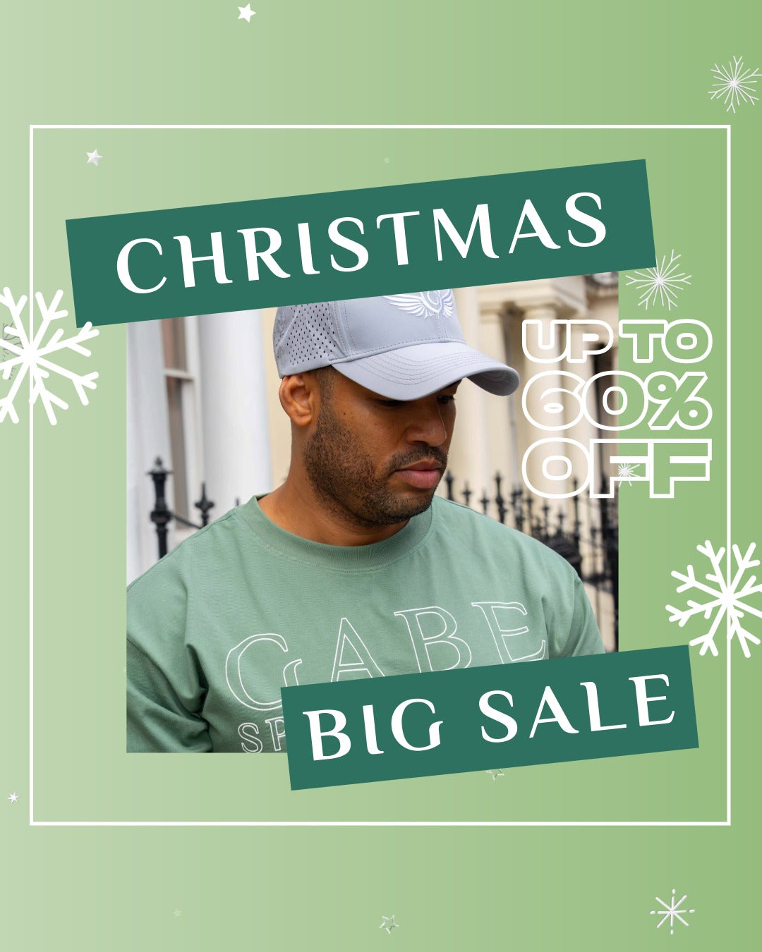 Promotional graphic with a man wearing a cap and green shirt, featuring Christmas sale text on a green background.