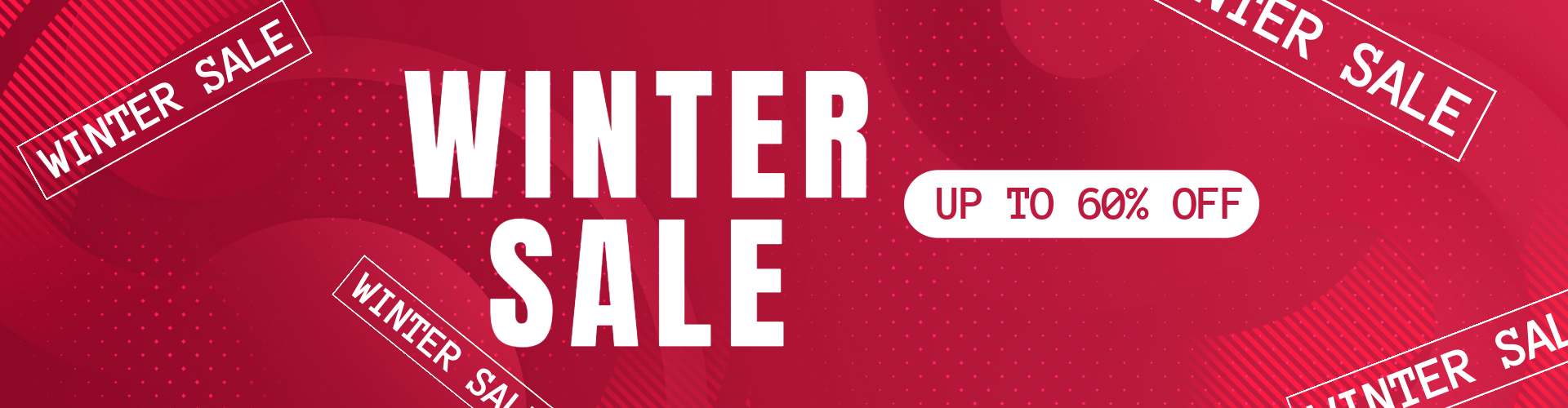 Winter sale banner with 'Up to 60% Off' on a red background